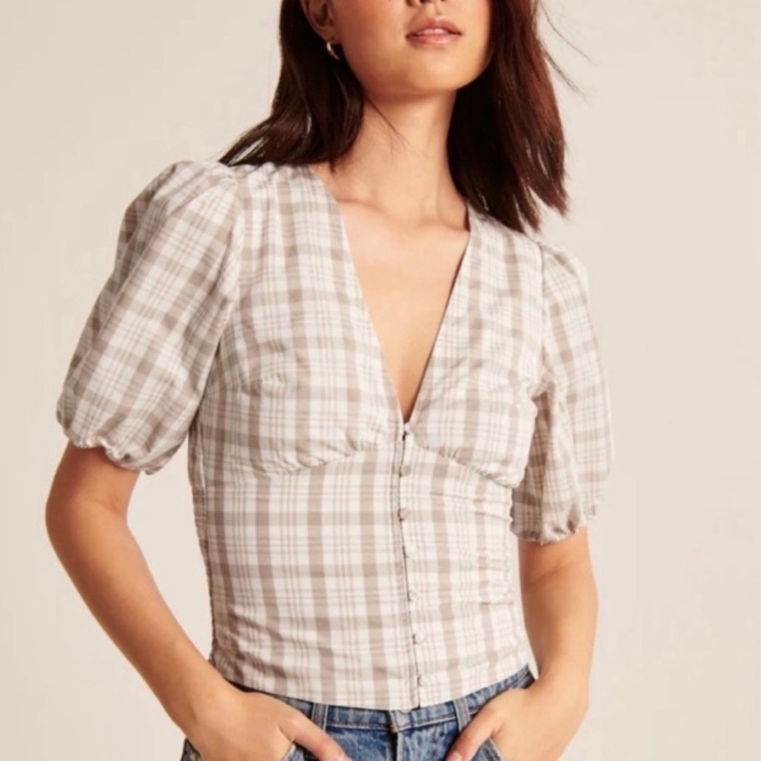 Abercrombie | Plaid V-Neck Puff Sleeve Button Top